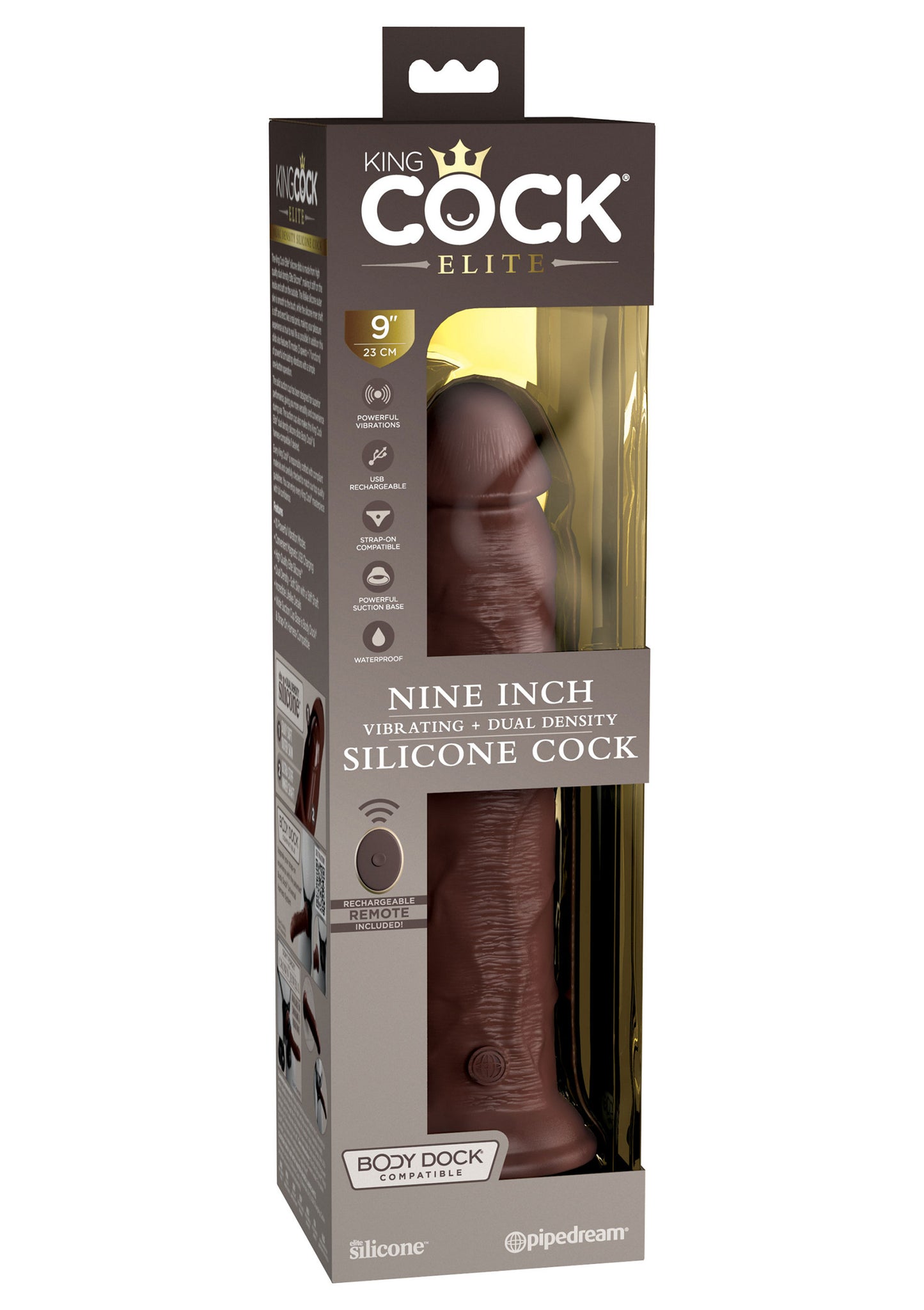 Pipedream King Cock Elite - 9' Vibrating Silicone Dual Density Cock with Remote BROWN - 2