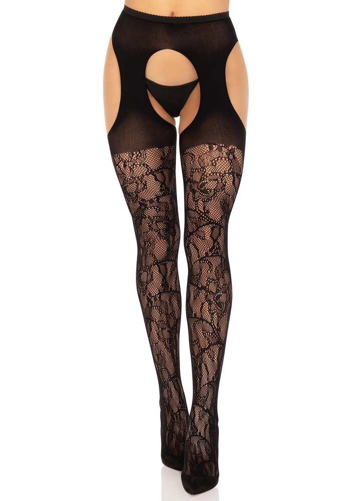 Leg Avenue Eyelet lace suspender hose BLACK O/S - 1