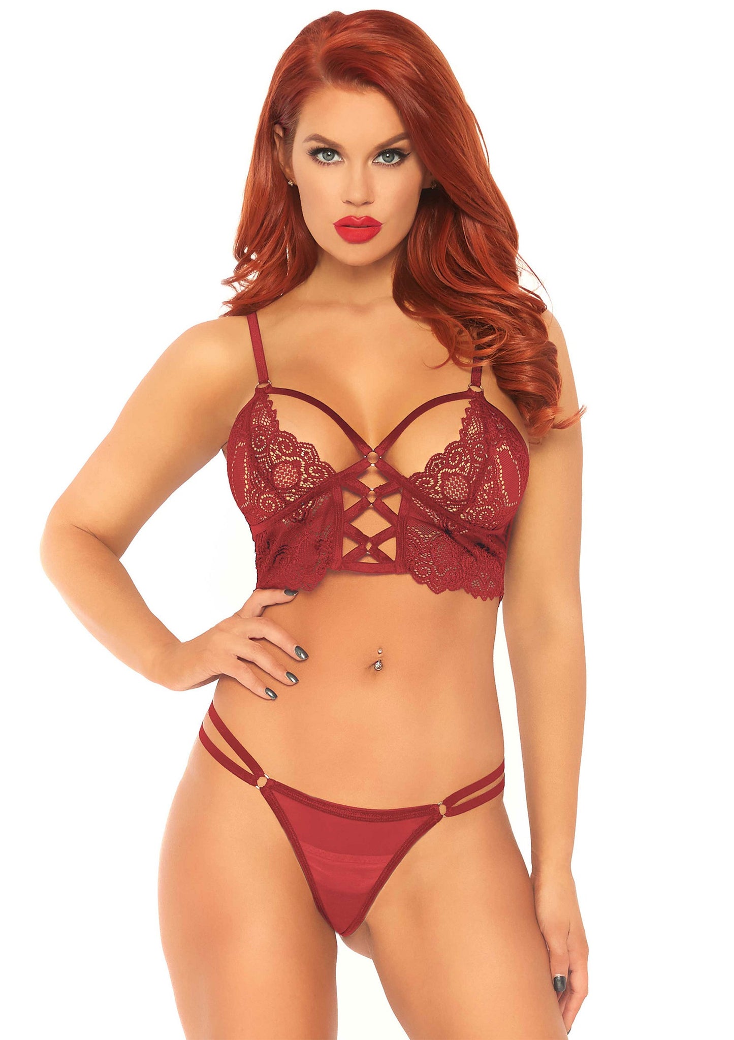 Leg Avenue Lace bralette with sheer thong RED S/M - 1