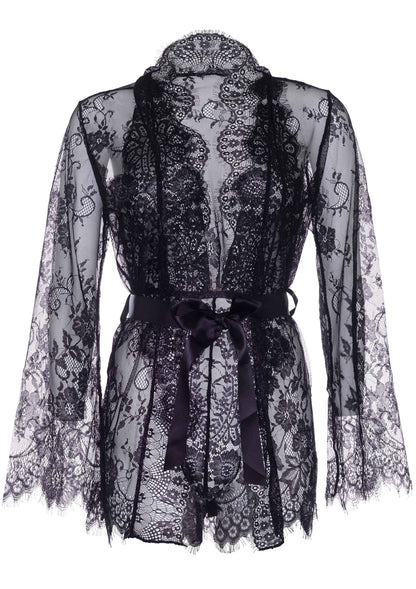 Floral lace teddy & robe BLACK S - 7