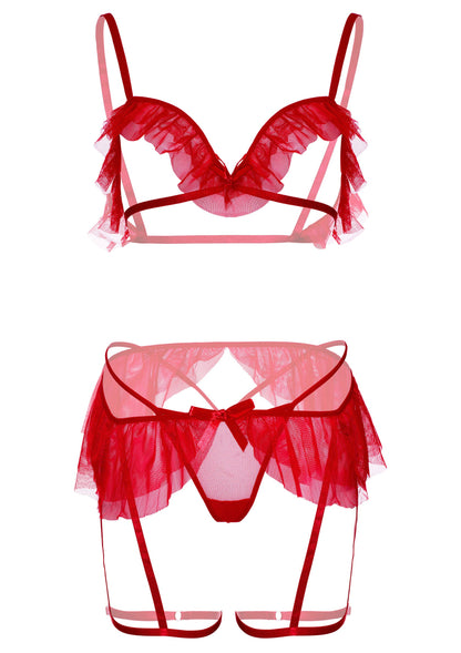 Leg Avenue Bra, g-string and garter belt RED O/S - 5