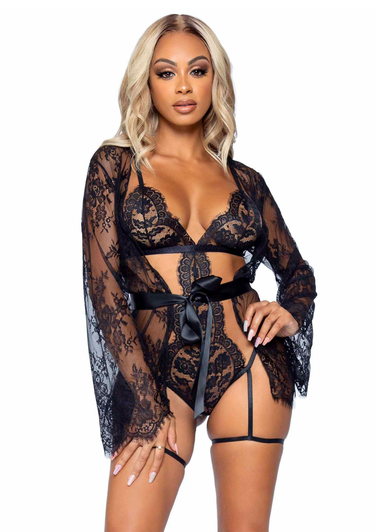 Leg Avenue Teddy, lace robe & ribbon tie BLACK S - 1