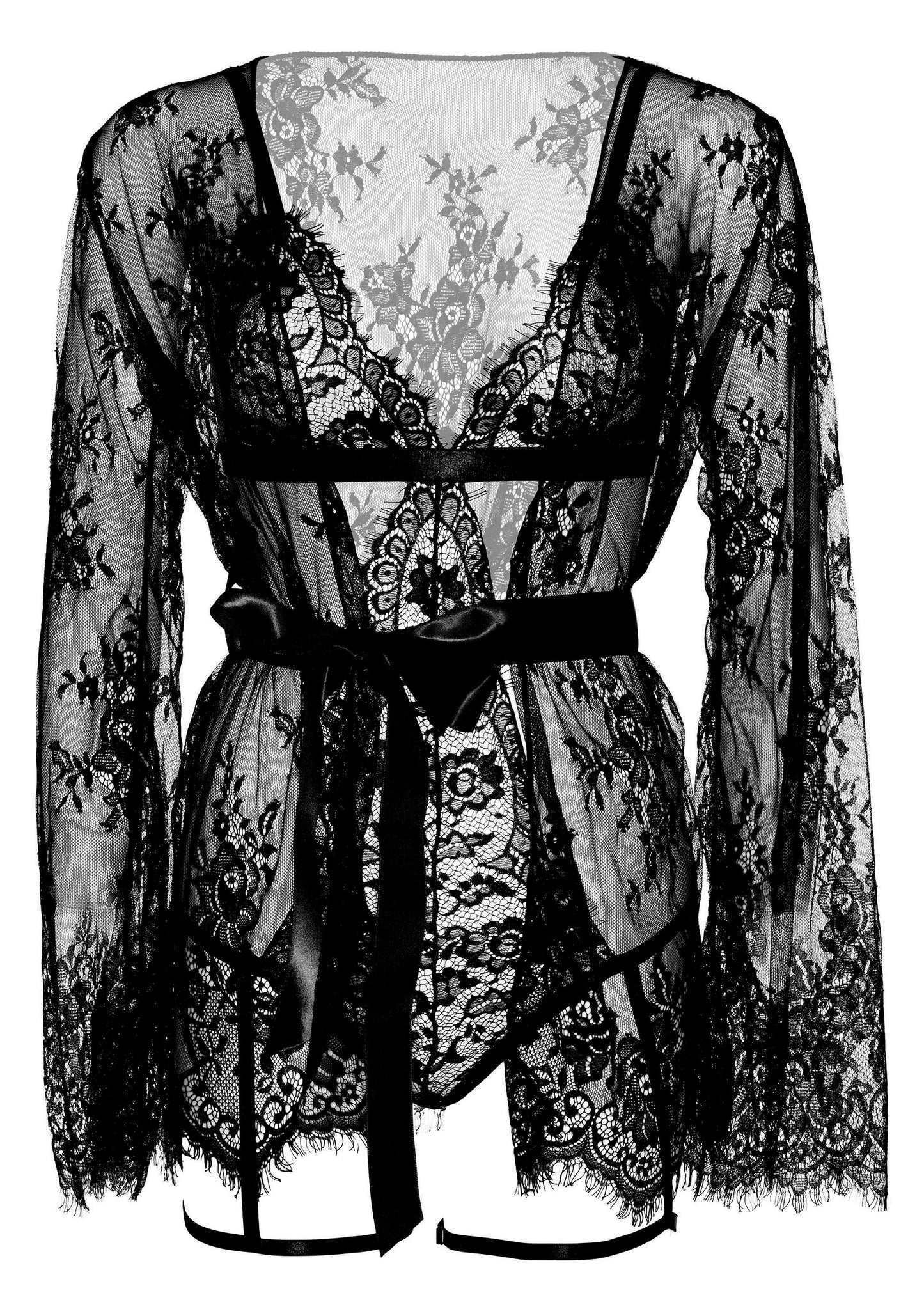 Leg Avenue Teddy, lace robe & ribbon tie BLACK S - 6