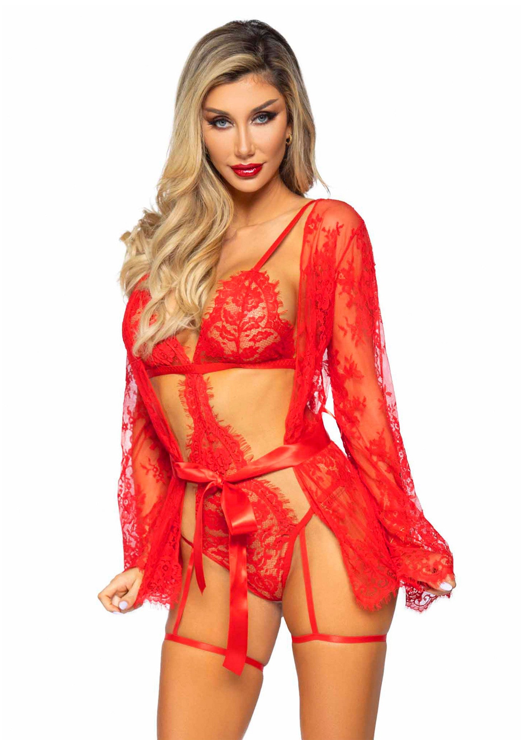 Leg Avenue Teddy, lace robe & ribbon tie RED S - 8