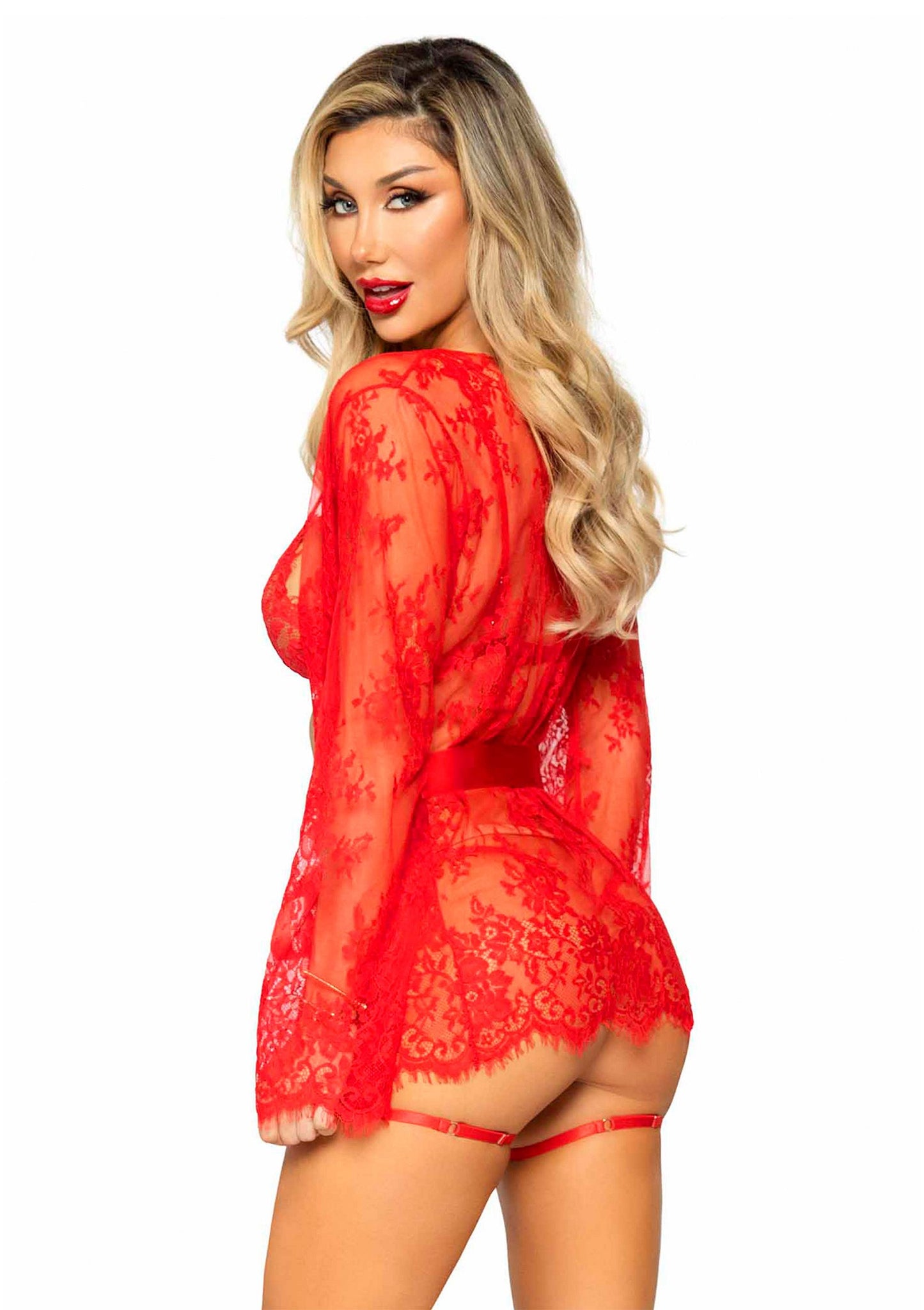 Leg Avenue Teddy, lace robe & ribbon tie RED S - 7