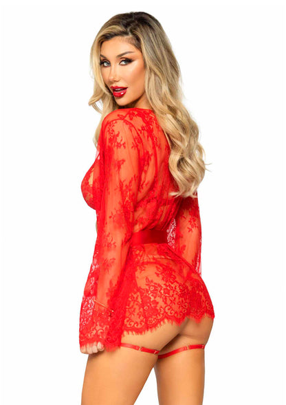 Leg Avenue Teddy, lace robe & ribbon tie RED S - 7