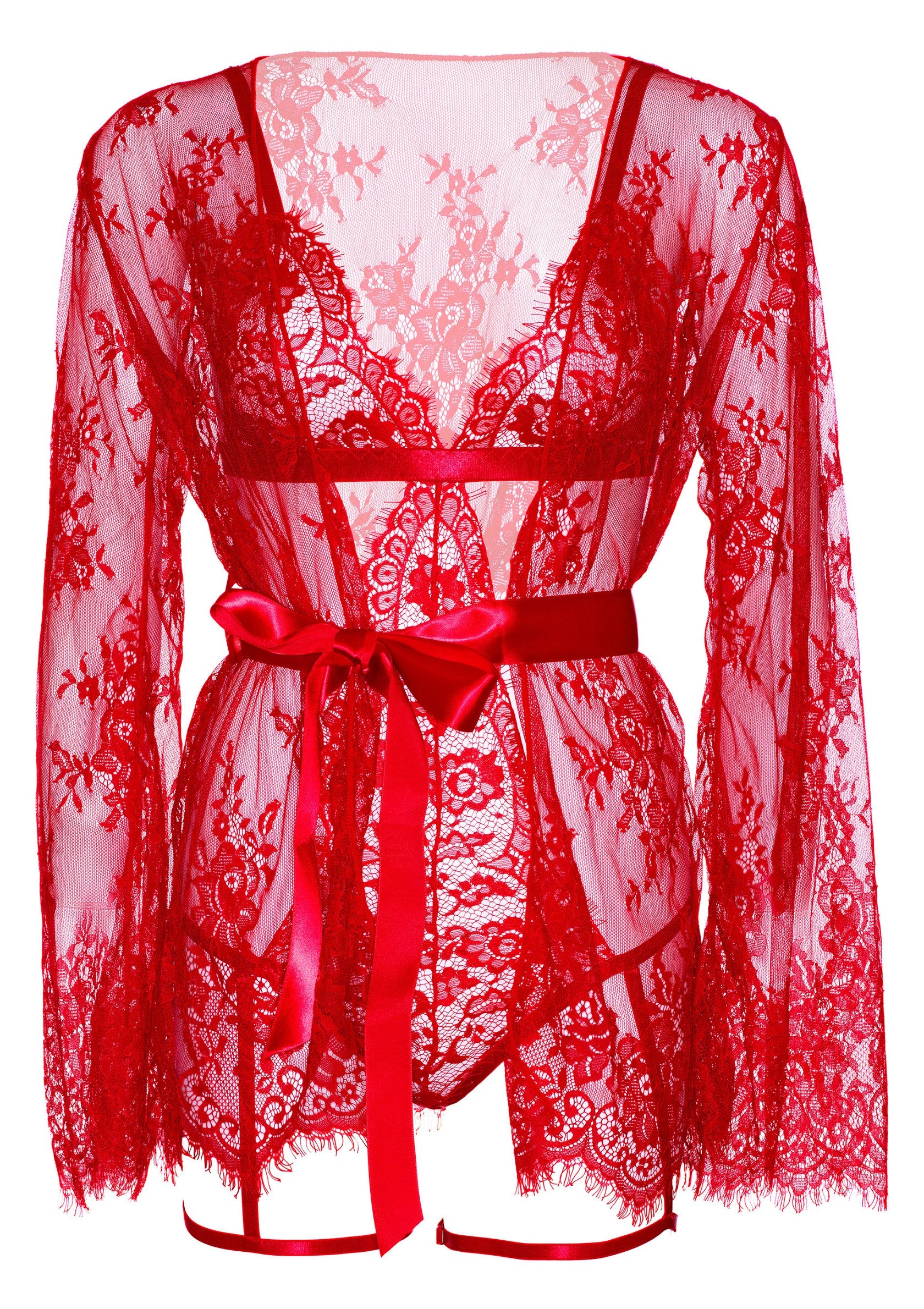 Leg Avenue Teddy, lace robe & ribbon tie RED S - 3