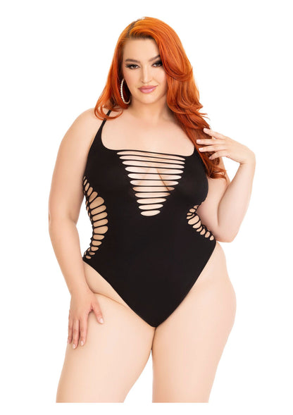 Leg Avenue Shredded thong bodysuit + BLACK 1X/2X - 1852