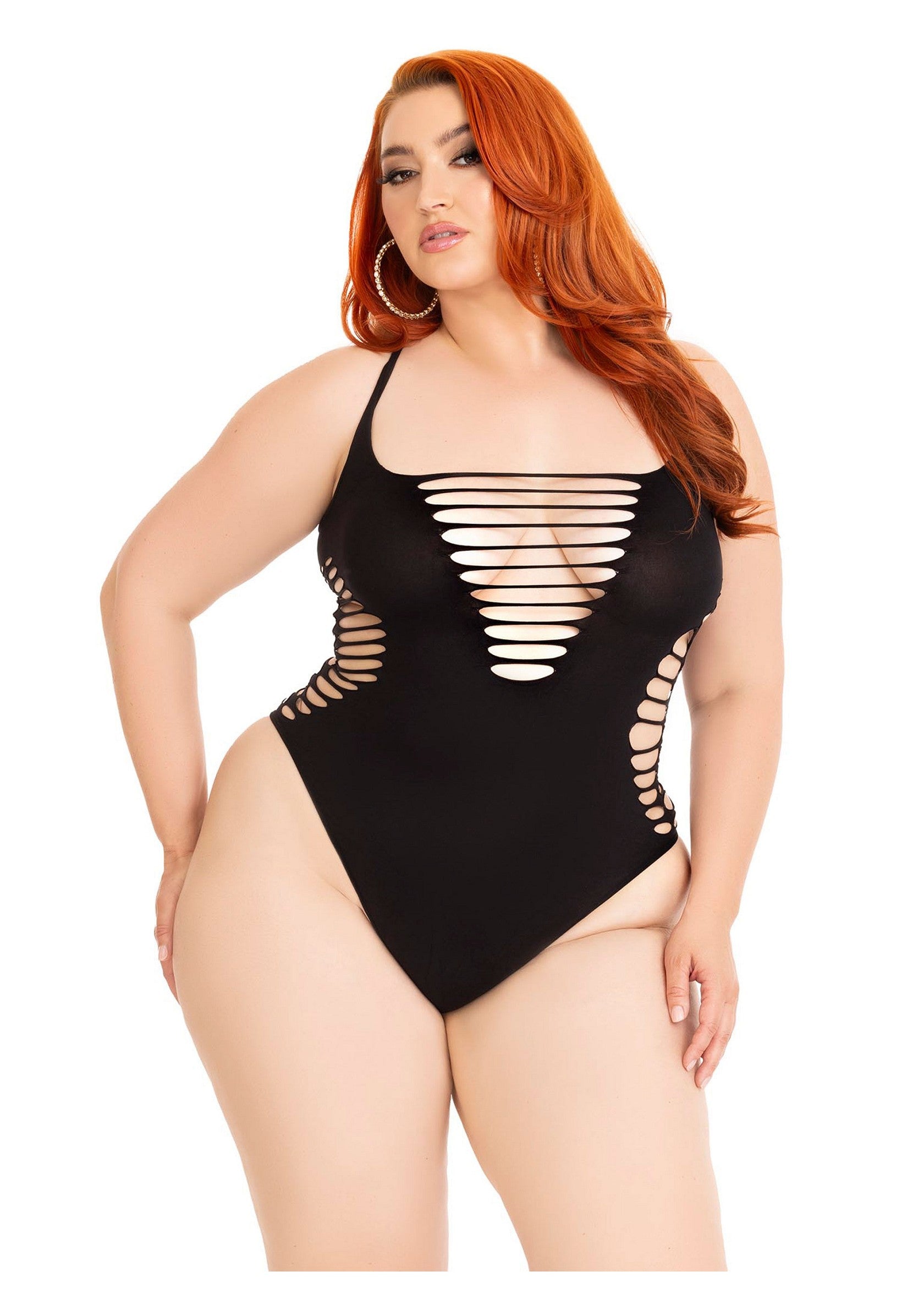 Leg Avenue Shredded thong bodysuit + BLACK 1X/2X - 1854