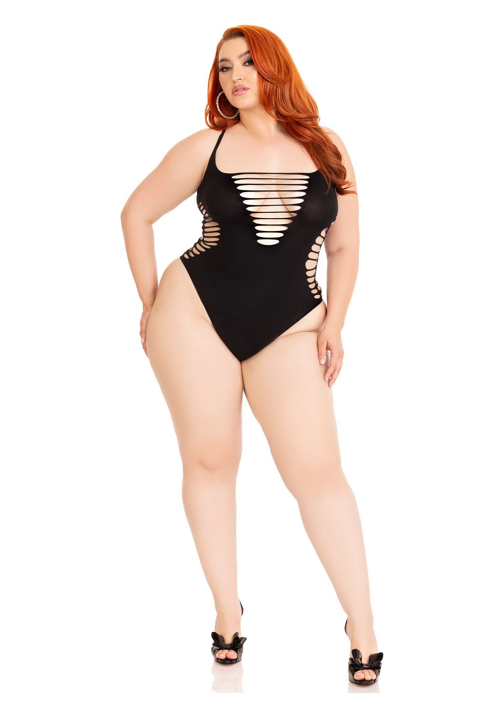 Leg Avenue Shredded thong bodysuit + BLACK 1X/2X - 1849