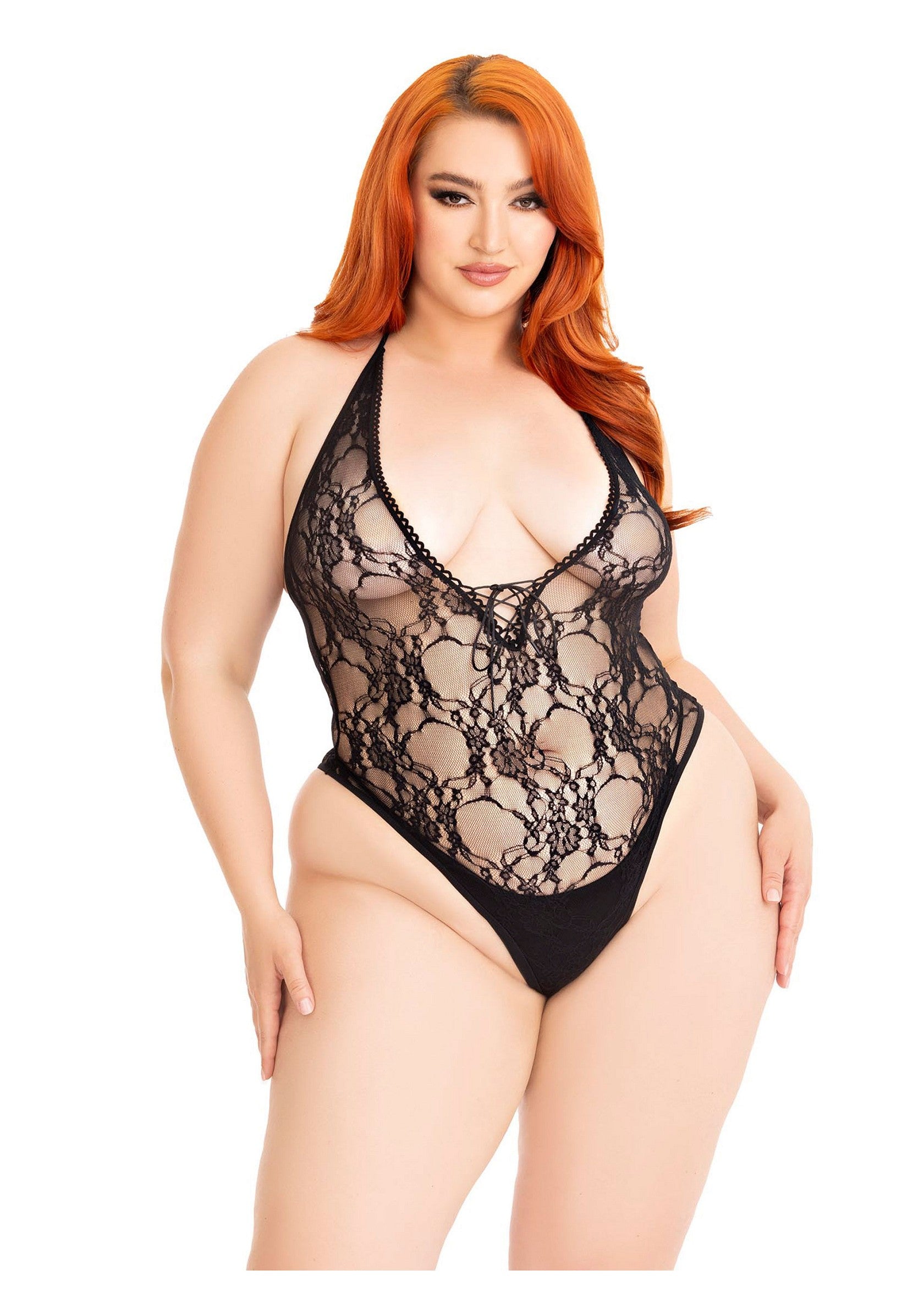 Leg Avenue Floral lace deep-V teddy + BLACK 1X/2X - 1886