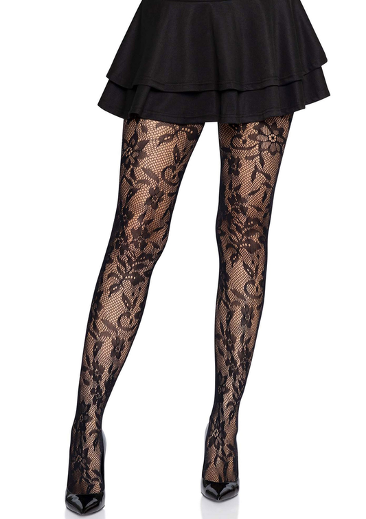 Leg Avenue Seamless Floral Lace Tights - Schwarz